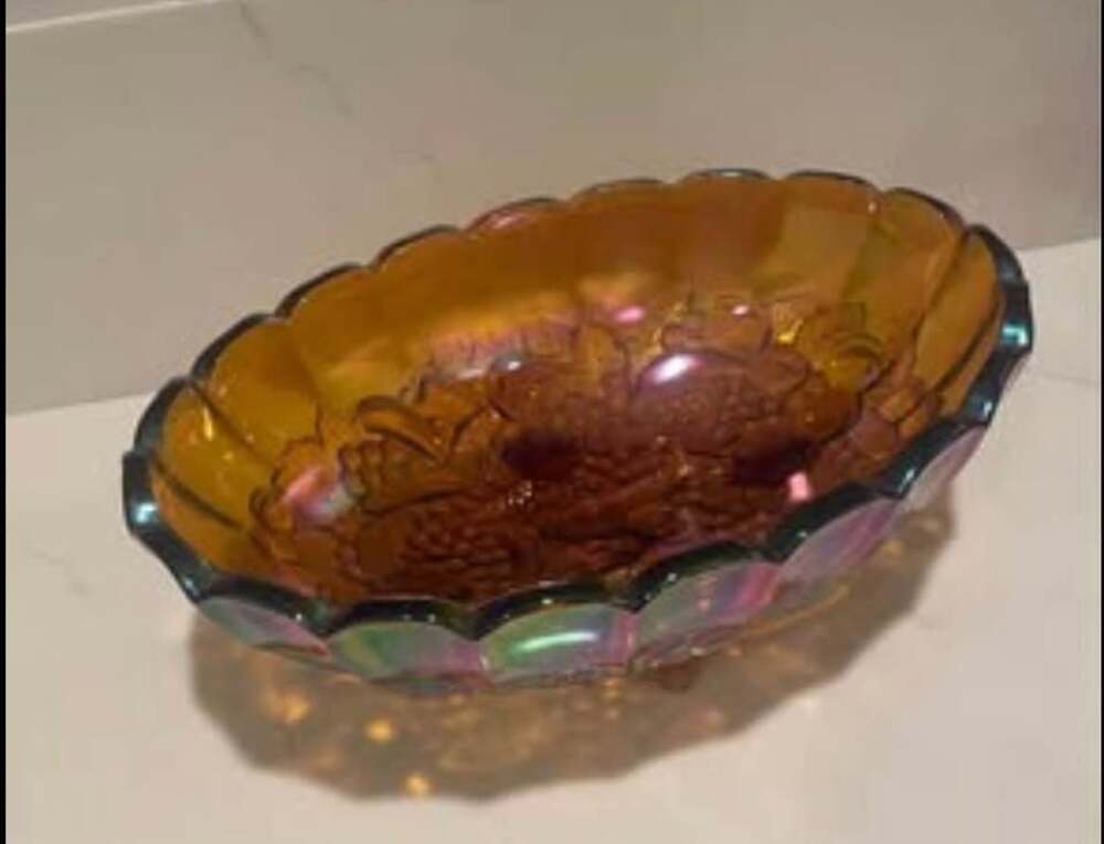 Vintage Indiana Glass Company Amber Carnival glass footed bowl in the Harvest Gr